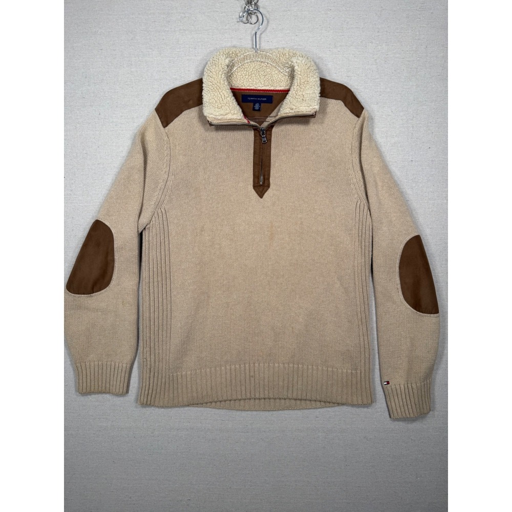 Tommy Hilfiger Mens Tan Quarter Zip Sweater Suede Elbow Patches Sherpa Collar L